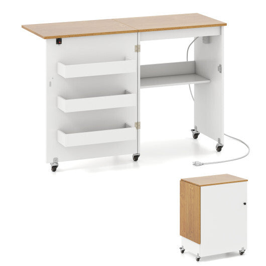 Costway Sewing Machine Table with Charging Station and Lockable Casters-Natural and White