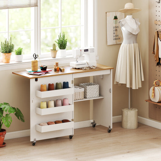 Costway Sewing Machine Table with Charging Station and Lockable Casters-Natural and White