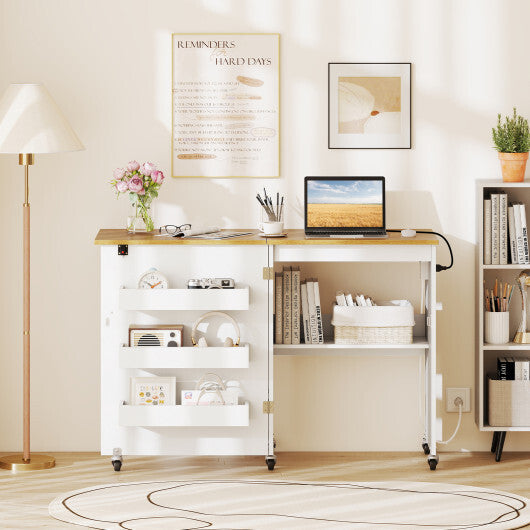 Costway Sewing Machine Table with Charging Station and Lockable Casters-Natural and White