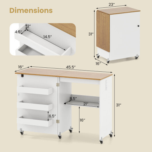 Costway Sewing Machine Table with Charging Station and Lockable Casters-Natural and White