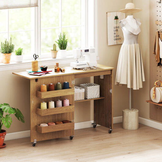 Costway Sewing Machine Table with Charging Station and Lockable Casters-Natural