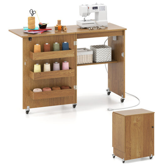 Costway Sewing Machine Table with Charging Station and Lockable Casters-Natural