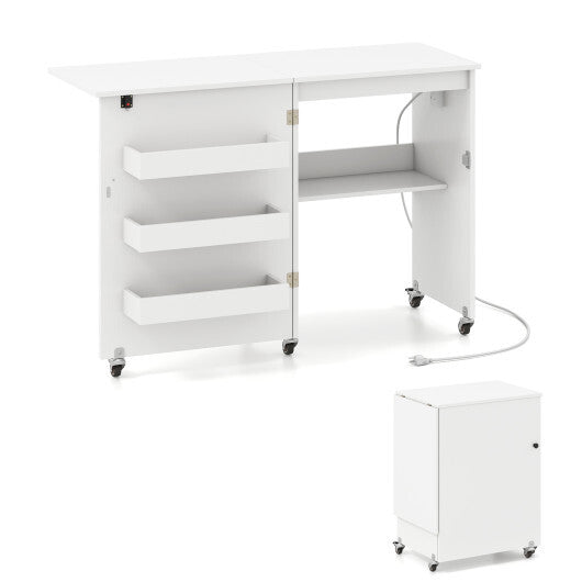 Costway Sewing Machine Table with Charging Station and Lockable Casters-White
