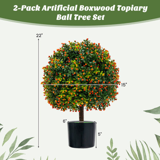 Costway 2-Pack Artificial Boxwood Topiary Ball Tree with Orange Fruit