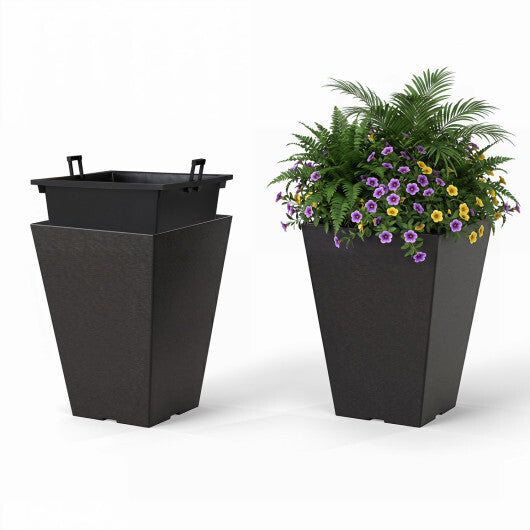 Costway Set of 2 Square Taper Planter with Optional Drainage Hole and Removable Inner Bucket-Black W2B