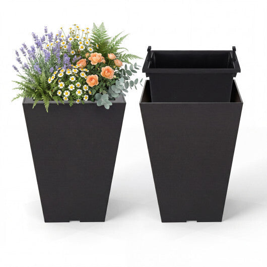 Costway Set of 2 Square Taper Planter with Optional Drainage Hole and Removable Inner Bucket-Black W2B