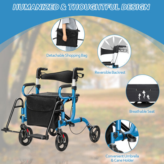 Costway Folding Rollator Walker with 8-inch Wheels and Seat Navy W2B