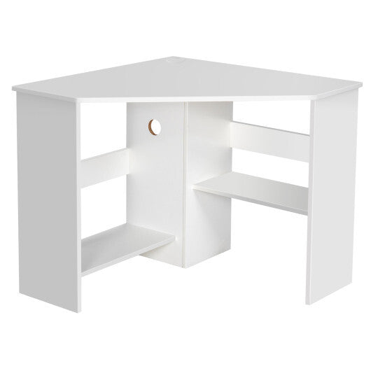 Costway Corner Computer Desk Triangle Writing Workstation with Storage Shelf White