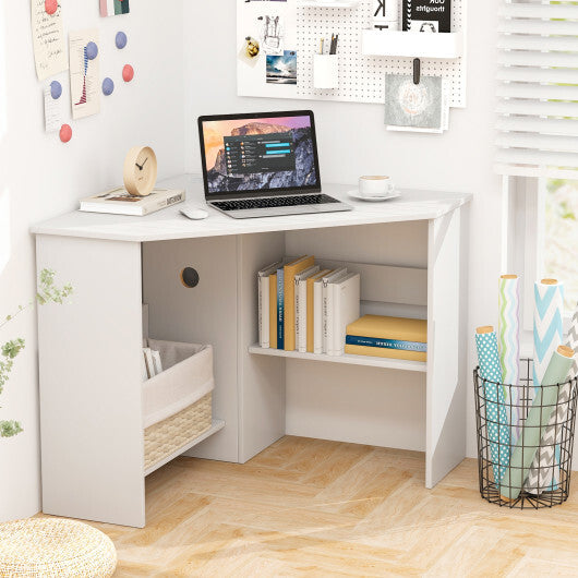 Costway Corner Computer Desk Triangle Writing Workstation with Storage Shelf White