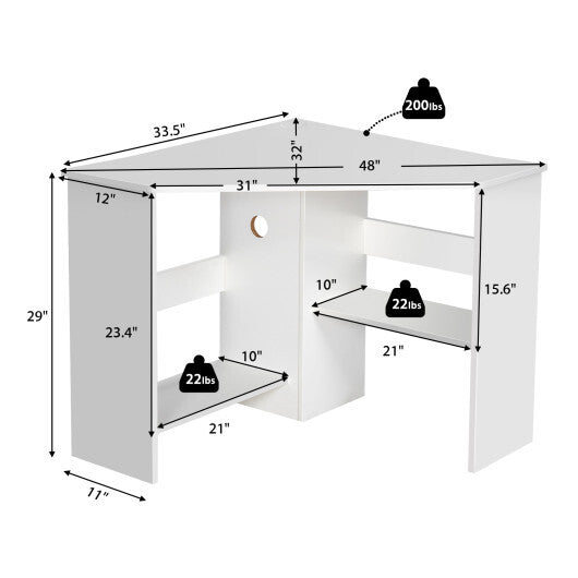 Costway Corner Computer Desk Triangle Writing Workstation with Storage Shelf White