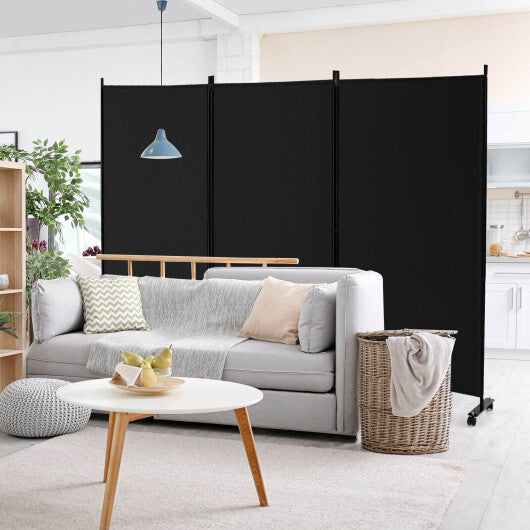 Costway 3-Panel Folding Room Divider 6Ft Rolling Privacy Screen with Lockable Wheels Black W2B