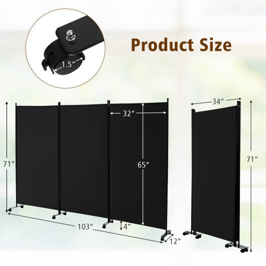 Costway 3-Panel Folding Room Divider 6Ft Rolling Privacy Screen with Lockable Wheels Black W2B