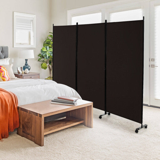 Costway 3-Panel Folding Room Divider 6Ft Rolling Privacy Screen with Lockable Wheels Brown W2B