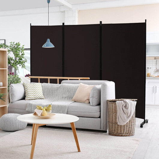 Costway 3-Panel Folding Room Divider 6Ft Rolling Privacy Screen with Lockable Wheels Brown W2B