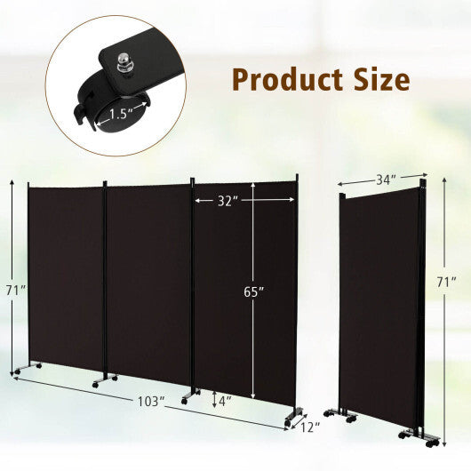 Costway 3-Panel Folding Room Divider 6Ft Rolling Privacy Screen with Lockable Wheels Brown W2B