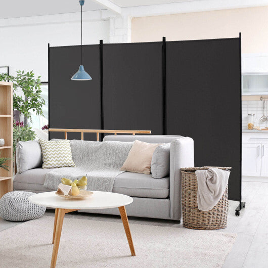 Costway 3-Panel Folding Room Divider 6Ft Rolling Privacy Screen withLockable Wheels Grey W2B
