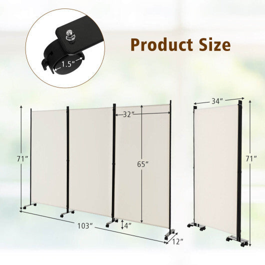 Costway 3-Panel Folding Room Divider 6Ft Rolling Privacy Screen with Lockable Wheels White W2B