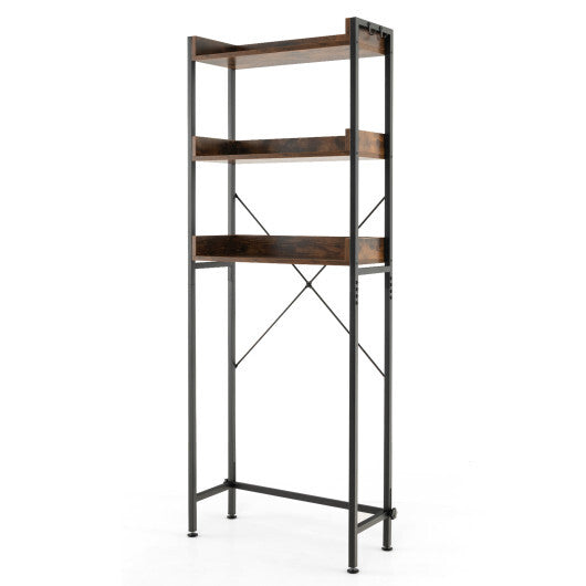 Costway Over The Toilet Storage Rack with Hooks and Adjustable Bottom Bar-Rustic Brown