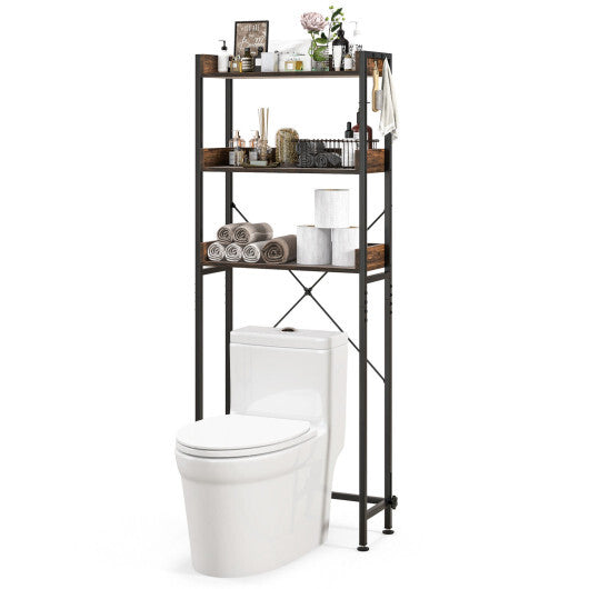 Costway Over The Toilet Storage Rack with Hooks and Adjustable Bottom Bar-Rustic Brown