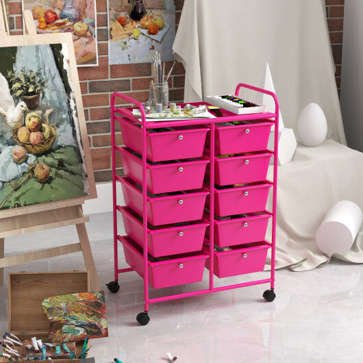 Costway 10-Drawer Rolling Storage Cart-Pink W2B