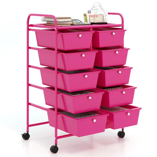 Costway 10-Drawer Rolling Storage Cart-Pink W2B