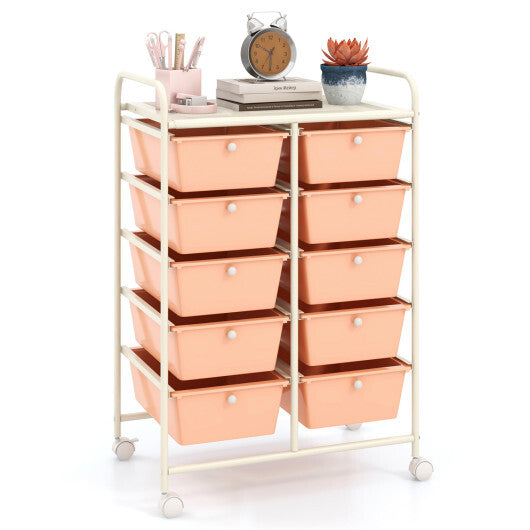 Costway 10-Drawer Rolling Storage Cart-Peach W2B