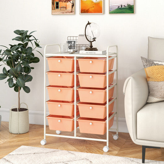 Costway 10-Drawer Rolling Storage Cart-Peach W2B