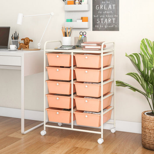 Costway 10-Drawer Rolling Storage Cart-Peach W2B