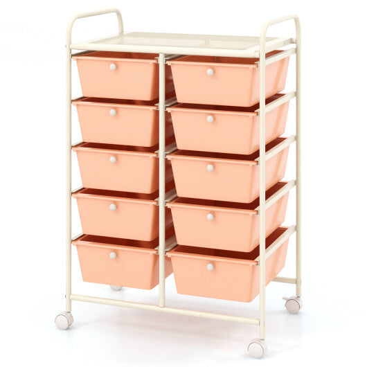 Costway 10-Drawer Rolling Storage Cart-Peach W2B