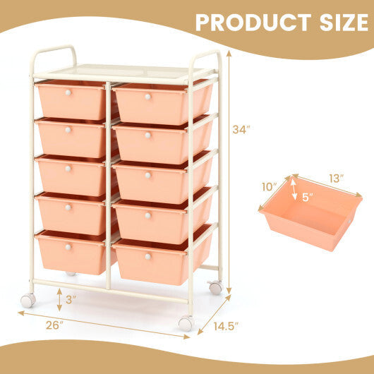 Costway 10-Drawer Rolling Storage Cart-Peach W2B
