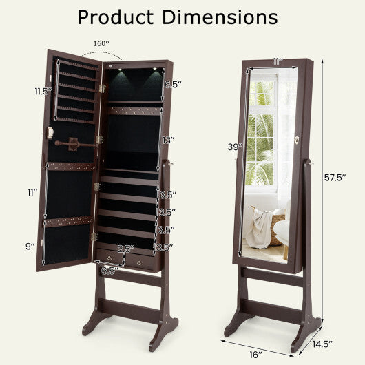 Costway Lockable Mirrored Jewelry Cabinet with Stand and Led Lights-Brown
