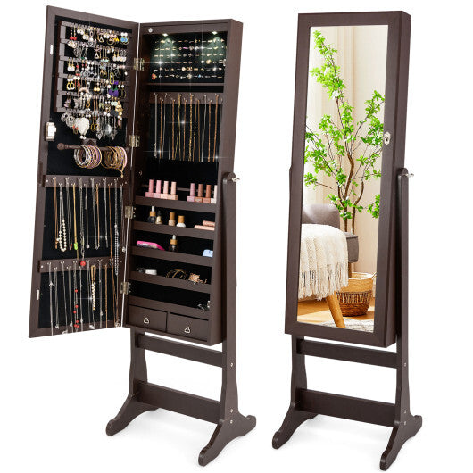 Costway Lockable Mirrored Jewelry Cabinet with Stand and Led Lights-Brown