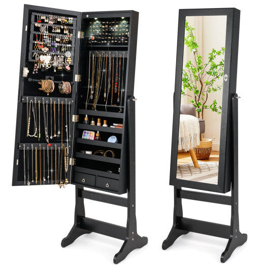 Costway Lockable Freestanding Jewelry Cabinet Armoire with Full-Length Mirror and Lights-Black
