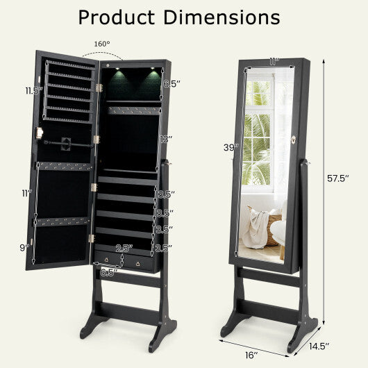 Costway Lockable Freestanding Jewelry Cabinet Armoire with Full-Length Mirror and Lights-Black
