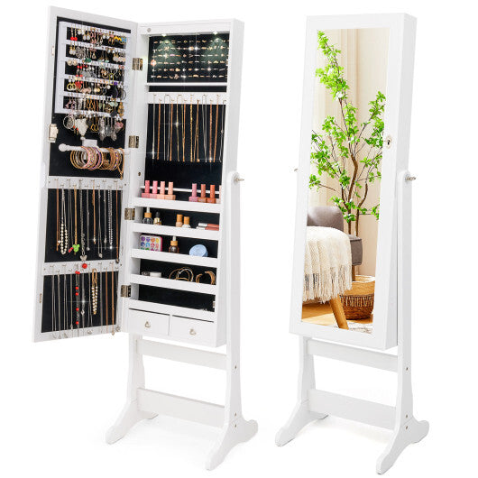 Costway Lockable Freestanding Jewelry Cabinet Armoire with Full-Length Mirror and Lights-White