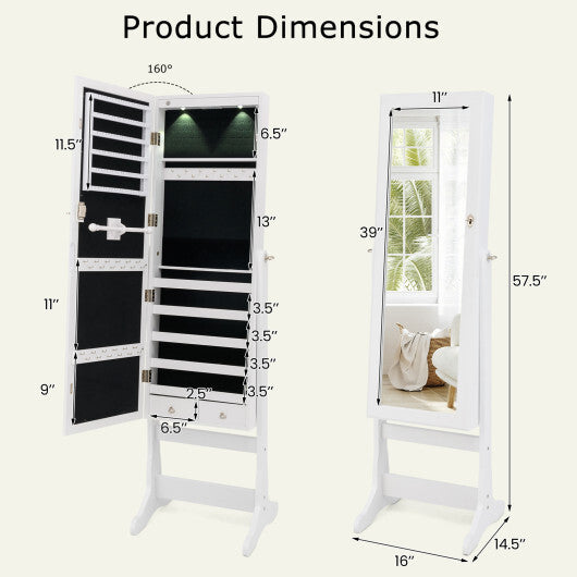 Costway Lockable Freestanding Jewelry Cabinet Armoire with Full-Length Mirror and Lights-White