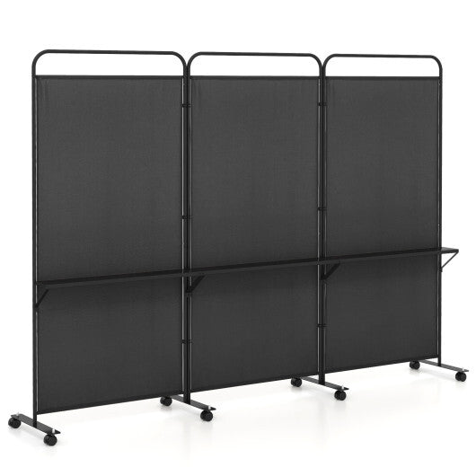 Costway 3-Panel Folding Room Divider with 3 Metal Shelves and Lockable Wheels-Black