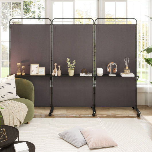 Costway 3-Panel Folding Room Divider with 3 Metal Shelves and Lockable Wheels-Brown