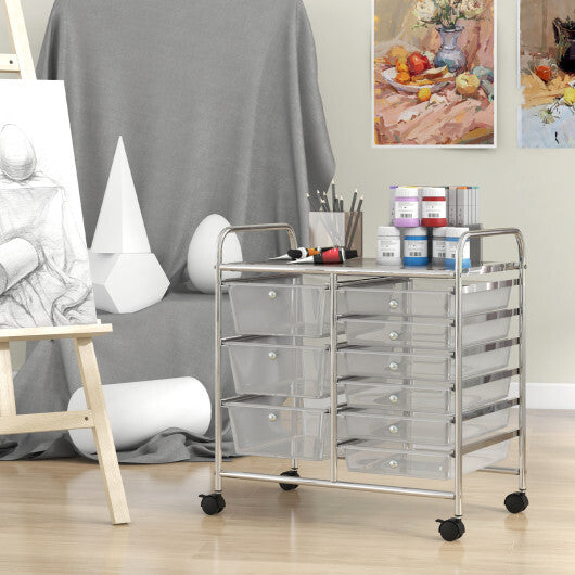 Costway 9-Drawer Rolling Storage Cart with Colorful Drawers and Metal Frame-Transparent