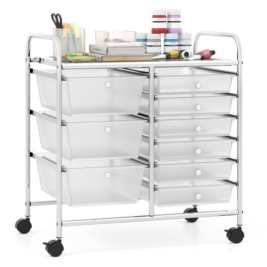 Costway 9-Drawer Rolling Storage Cart with Colorful Drawers and Metal Frame-Transparent