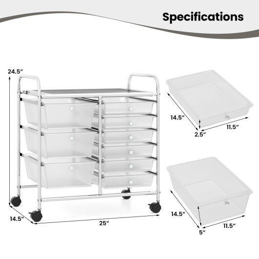 Costway 9-Drawer Rolling Storage Cart with Colorful Drawers and Metal Frame-Transparent