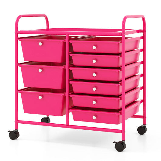 Costway 9-Drawer Rolling Storage Cart with Colorful Drawers and Metal Frame-Light Pink