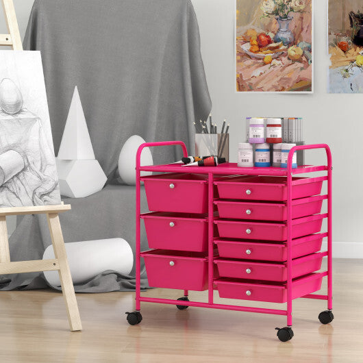 Costway 9-Drawer Rolling Storage Cart with Colorful Drawers and Metal Frame-Light Pink