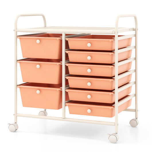 Costway 9-Drawer Rolling Storage Cart with Colorful Drawers and Metal Frame-Peach