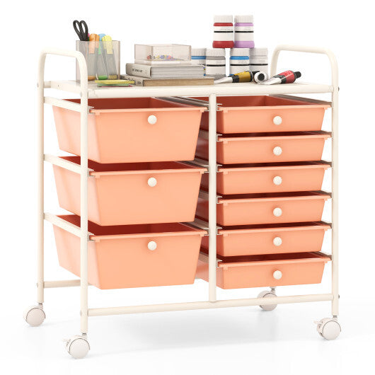 Costway 9-Drawer Rolling Storage Cart with Colorful Drawers and Metal Frame-Peach