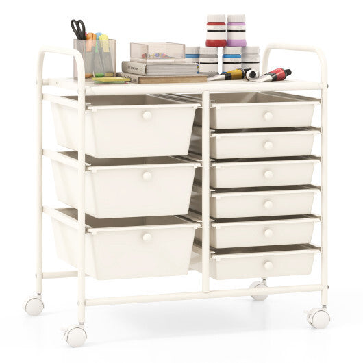 Costway 9-Drawer Rolling Storage Cart with Colorful Drawers and Metal Frame-White