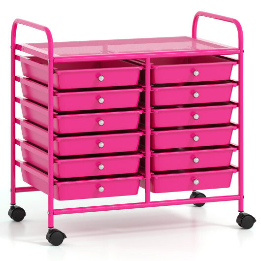 Costway 12 Drawers Rolling Storage Cart for Home and Office-Hot Pink