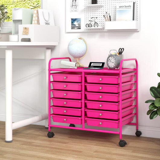 Costway 12 Drawers Rolling Storage Cart for Home and Office-Hot Pink