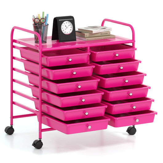 Costway 12 Drawers Rolling Storage Cart for Home and Office-Hot Pink