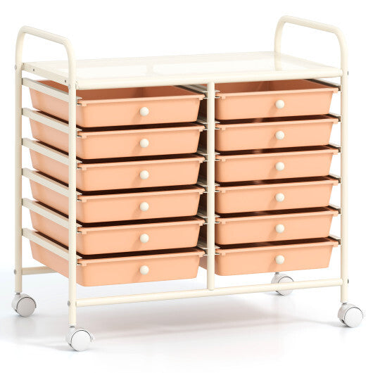 Costway 12 Drawers Rolling Storage Cart for Home and Office-Peach